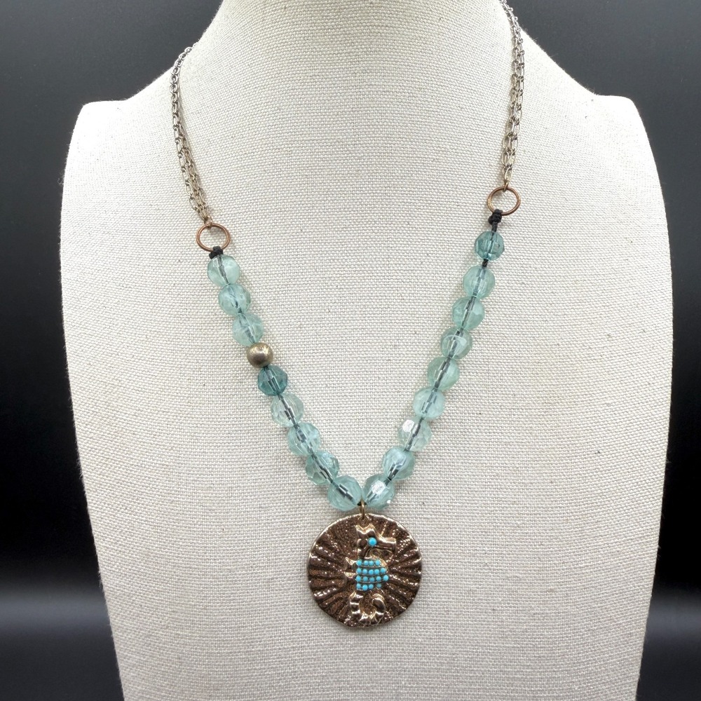 Turquoise Tone Seahorse Pendant Necklace Aqua Faceted Beads Mixed Metal Jewelry